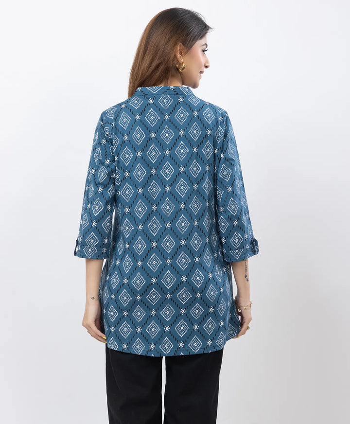 Printed Front-Placket Hip-Length Short Kurti
