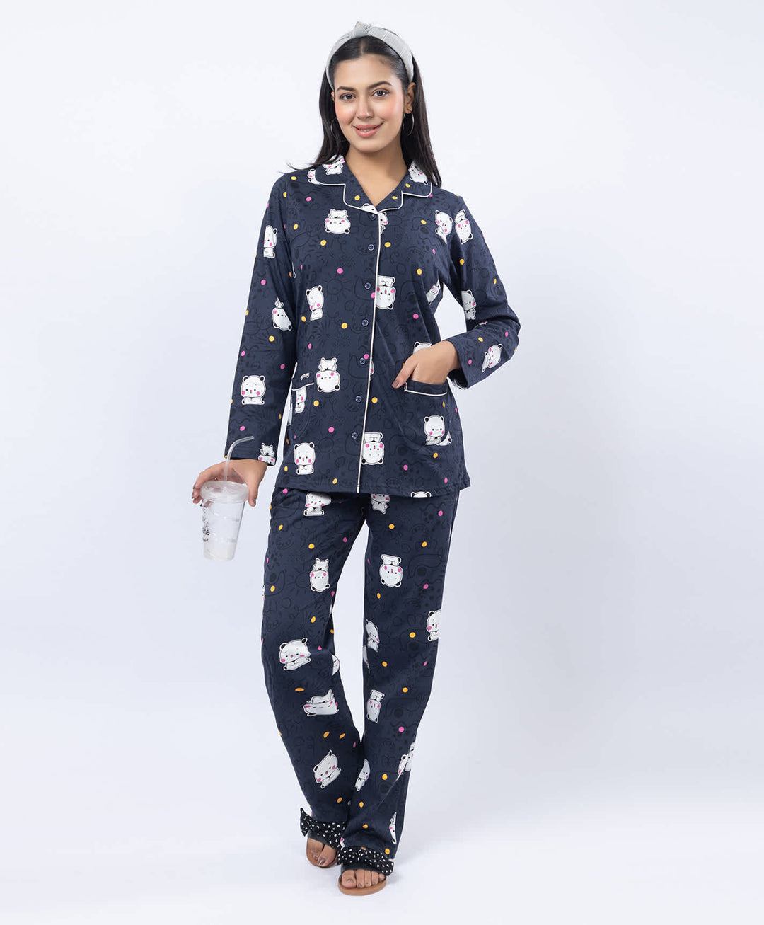 Printed Shirt Collar Front Open Night Suit Set