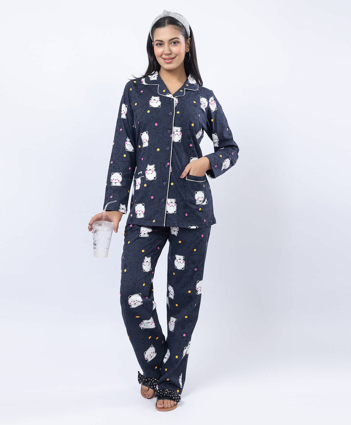Printed Shirt Collar Front Open Night Suit Set