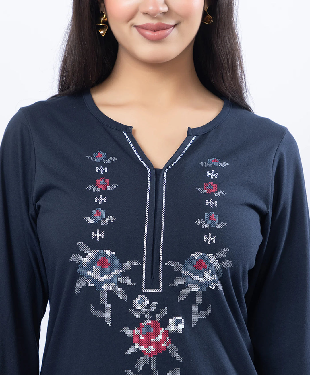 Floral Cross-Stitch Effect Pattern Printed Kurta Set
