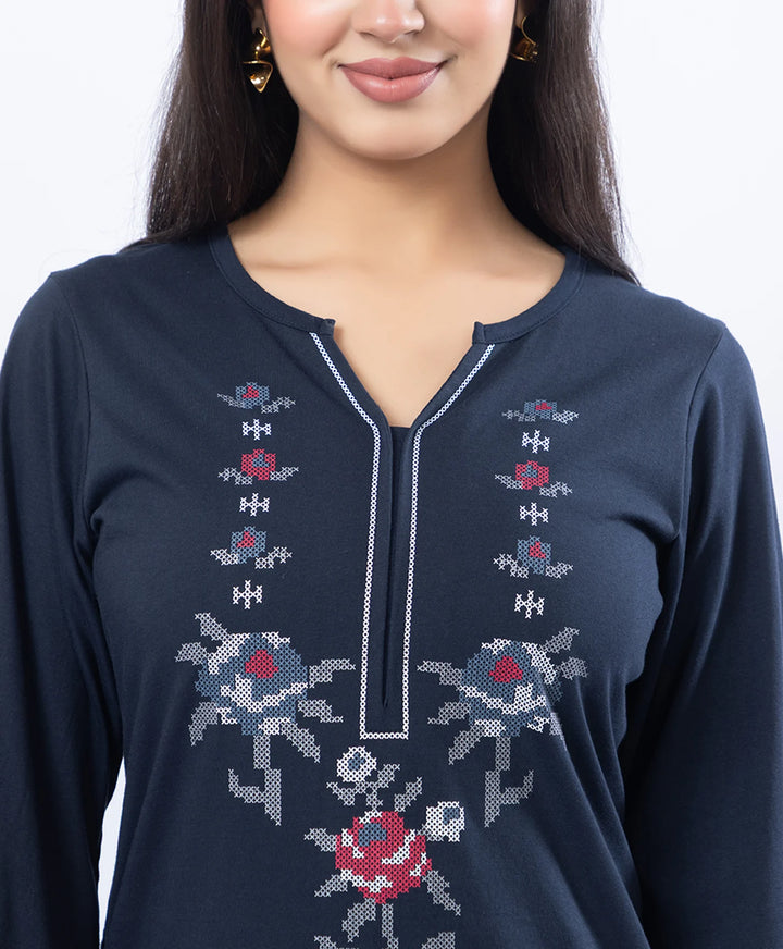 Floral Cross-Stitch Effect Pattern Printed Kurta Set