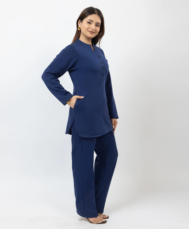 Band Collar Floral Embroidered Kurta and Straight Pants Set
