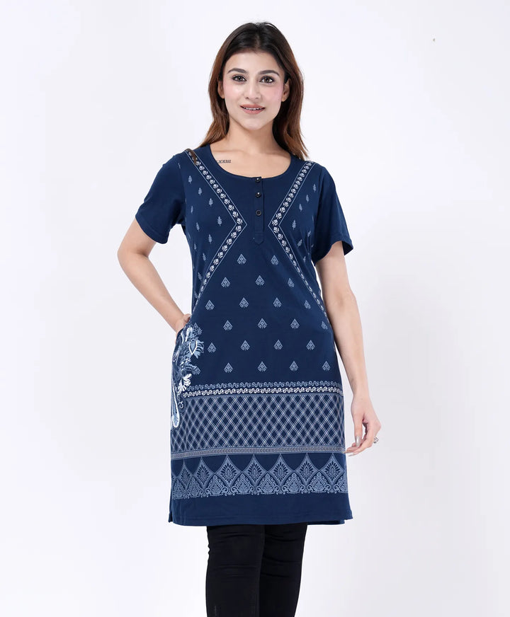 Elegant Printed Button-Neck Straight Long Top