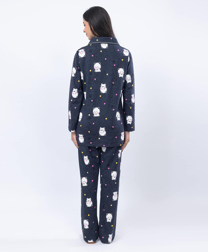 Printed Shirt Collar Front Open Night Suit Set
