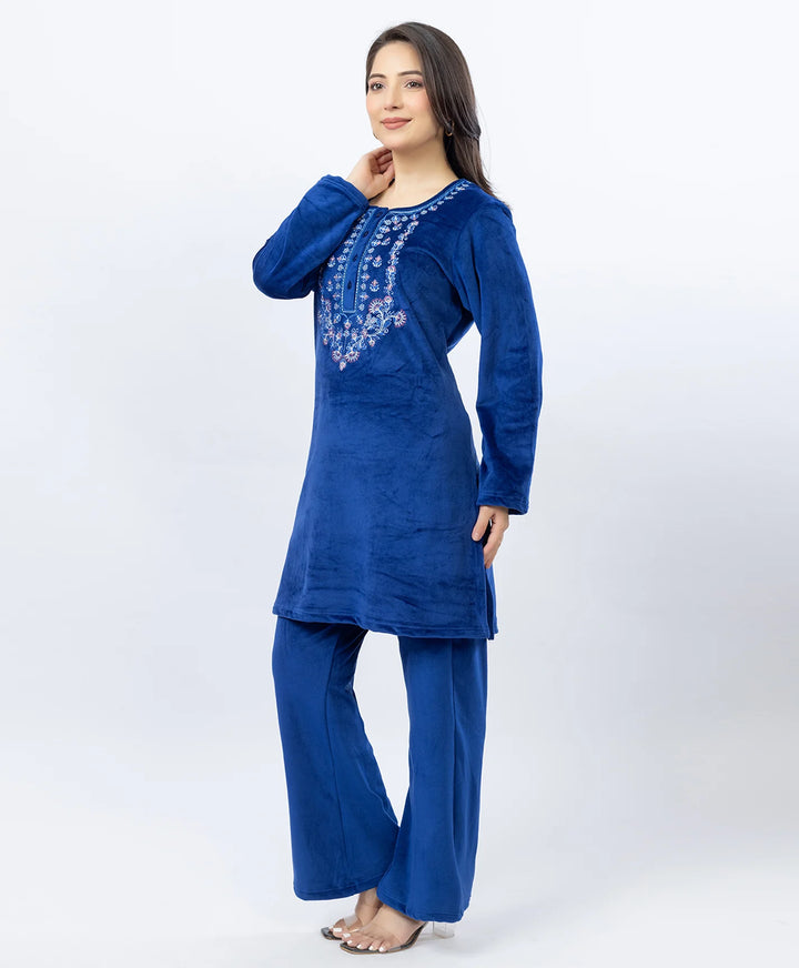 Round Neck Buttoned Kurta and Trouser Set with Embroidery & Pockets.
