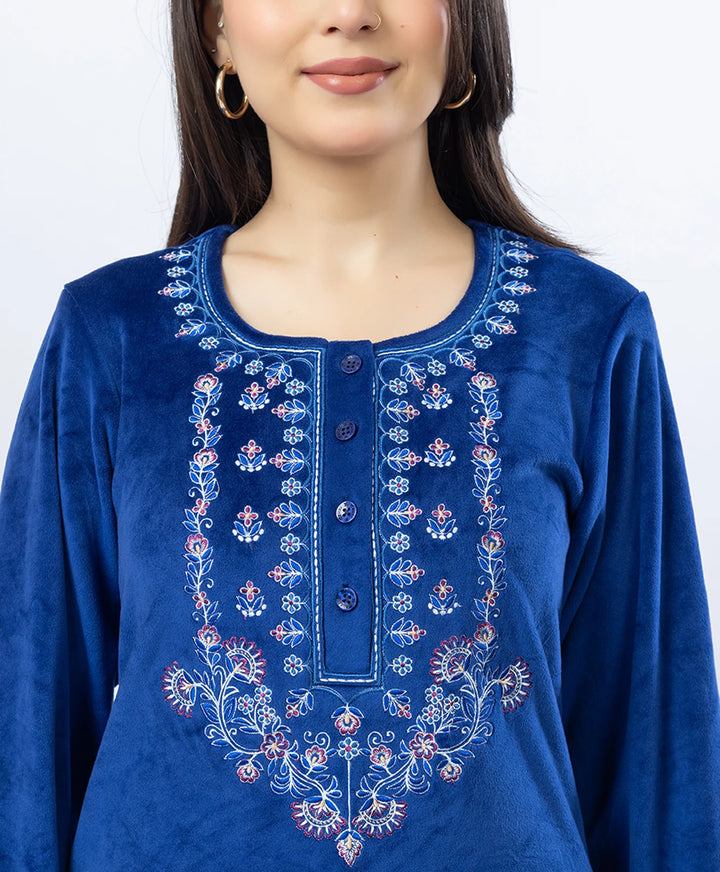 Round Neck Buttoned Kurta and Trouser Set with Embroidery & Pockets.