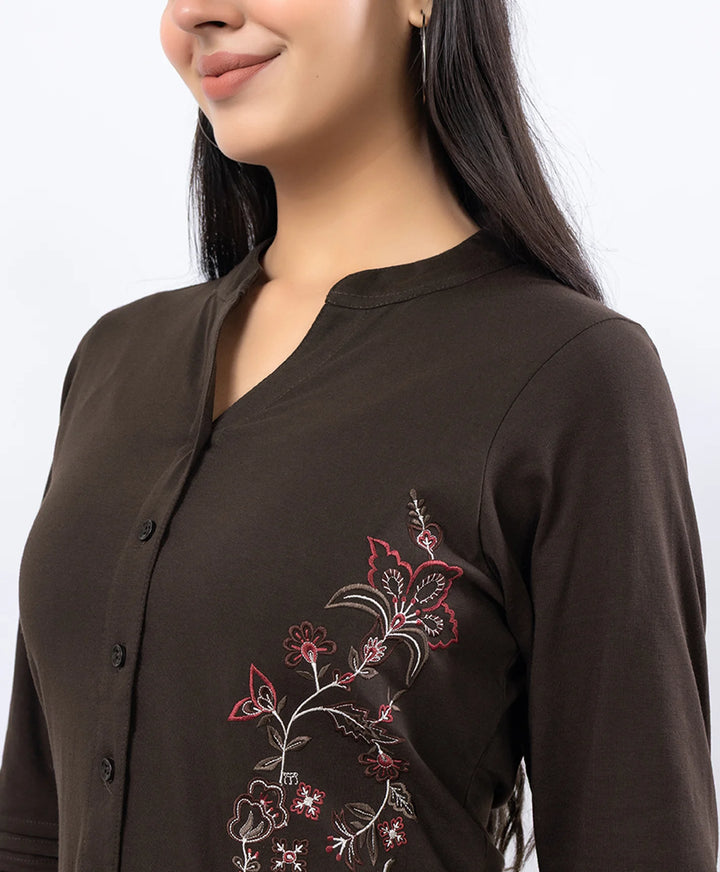 Front-Open Casual Embroidered Co-Ord Set