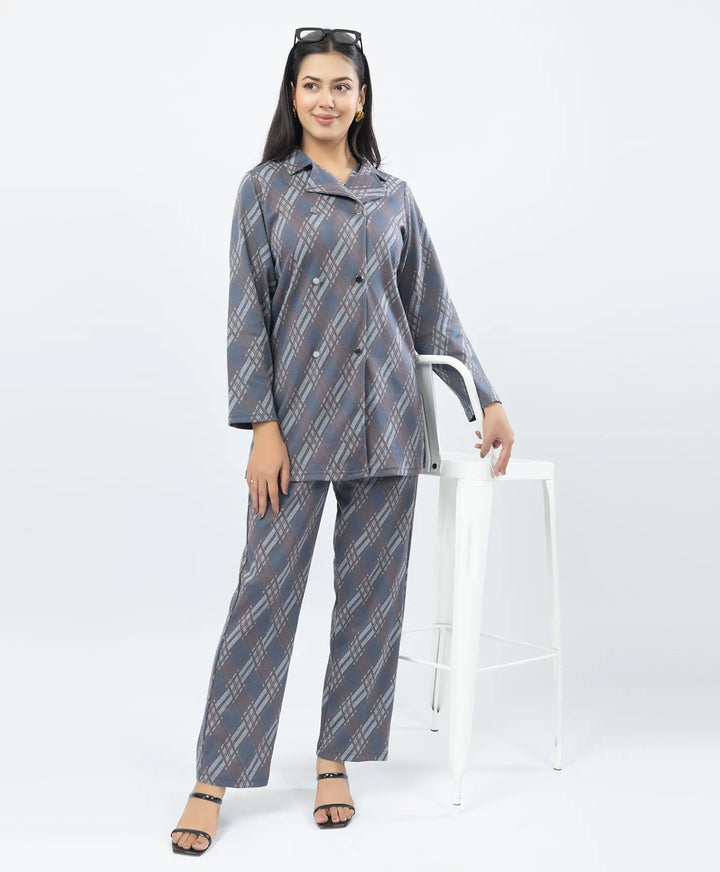 Checkered Co-Ord Set with Double-Button Front Placket & Straight Pants