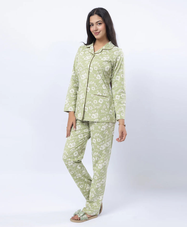 Printed Night Suit with Contrast Piping & Pockets