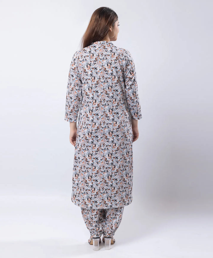 Mandarin Collar Quarter Sleeve Floral Kurti & Narrow Ankle Hem Afghani Suit