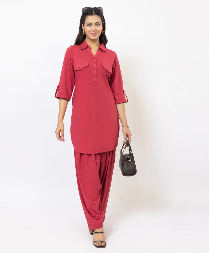 Collared Pathani Kurta with Relaxed Draped Salwar
