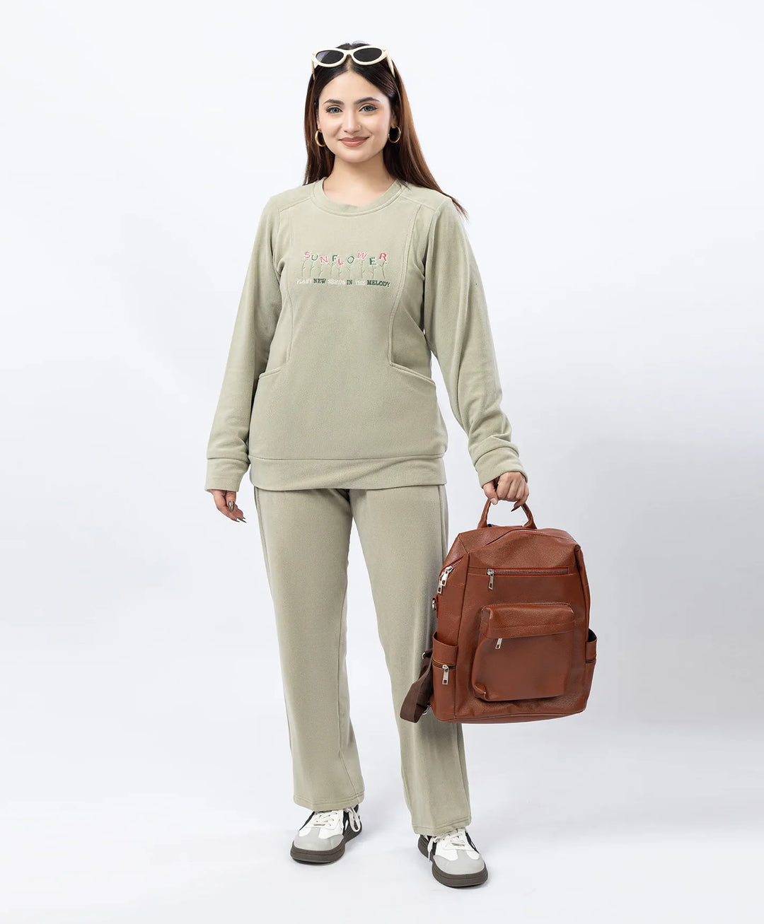 Round Neck Embroidered Tracksuit with Front Pocket