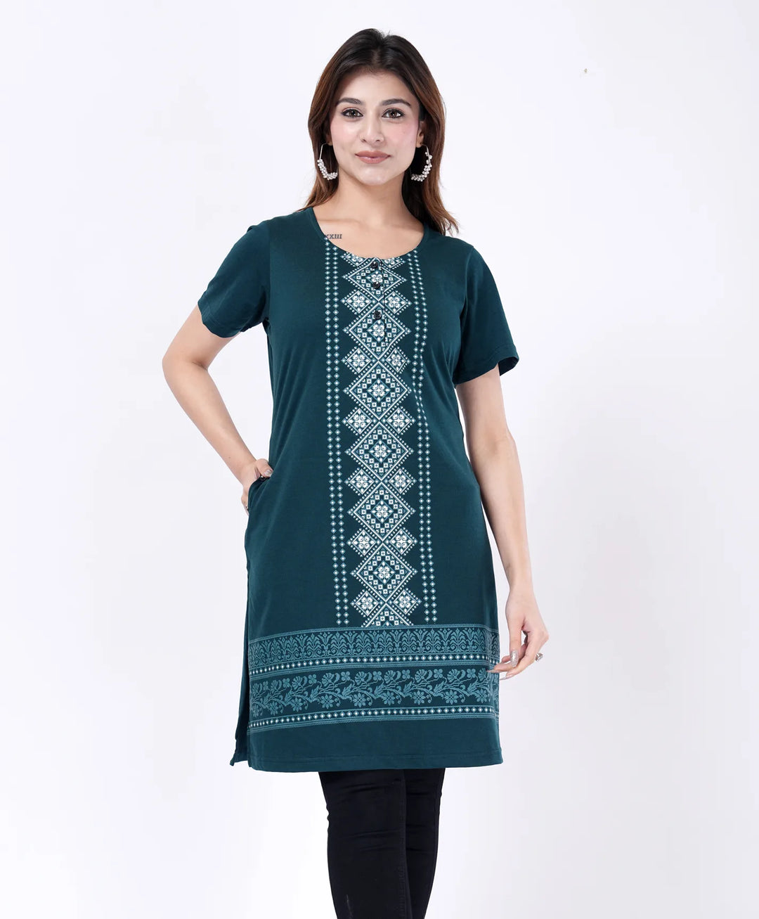 Elegant Printed Button-Neck Straight Long Top