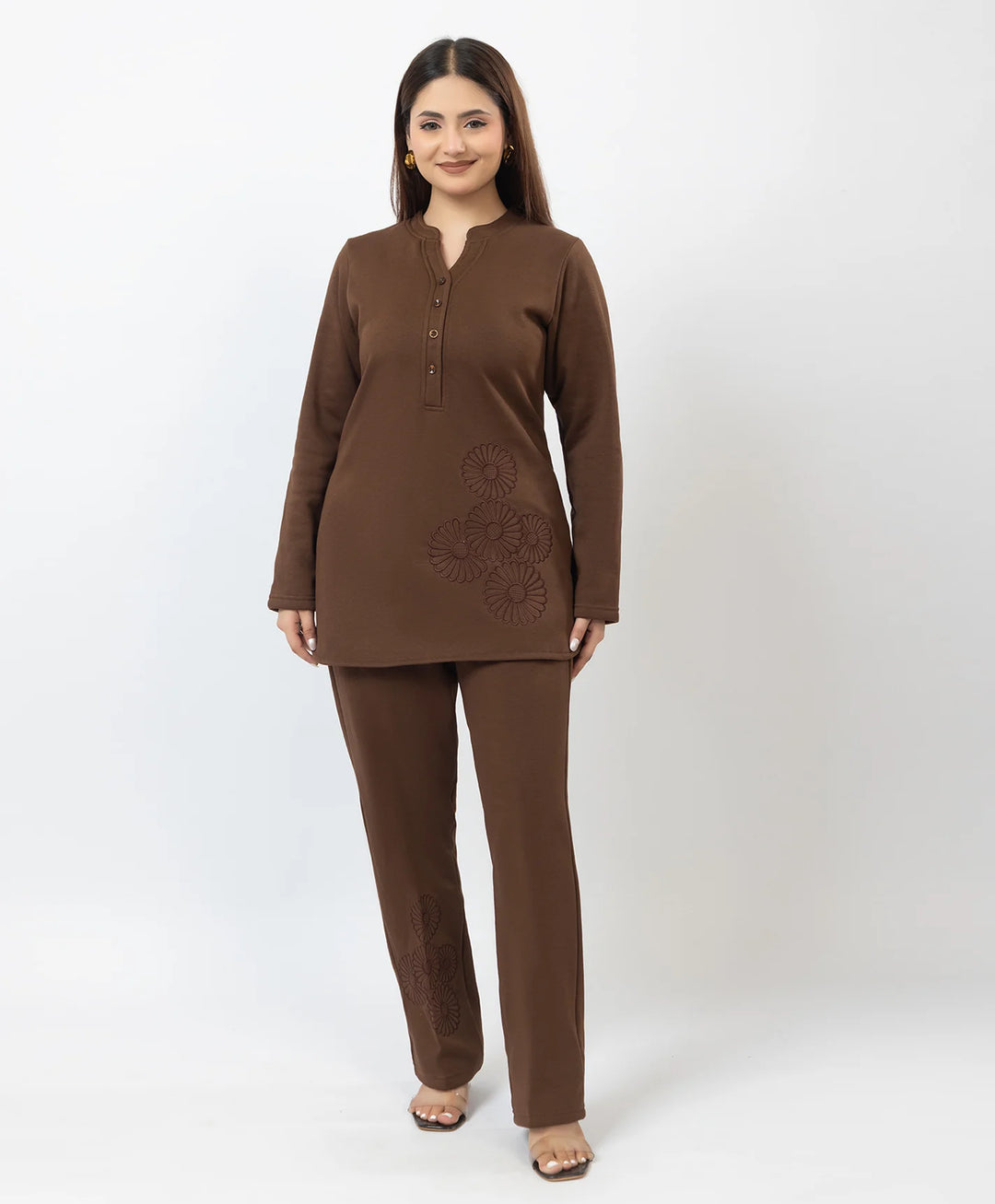 Band Collar Floral Embroidered Kurta and Straight Pants Set