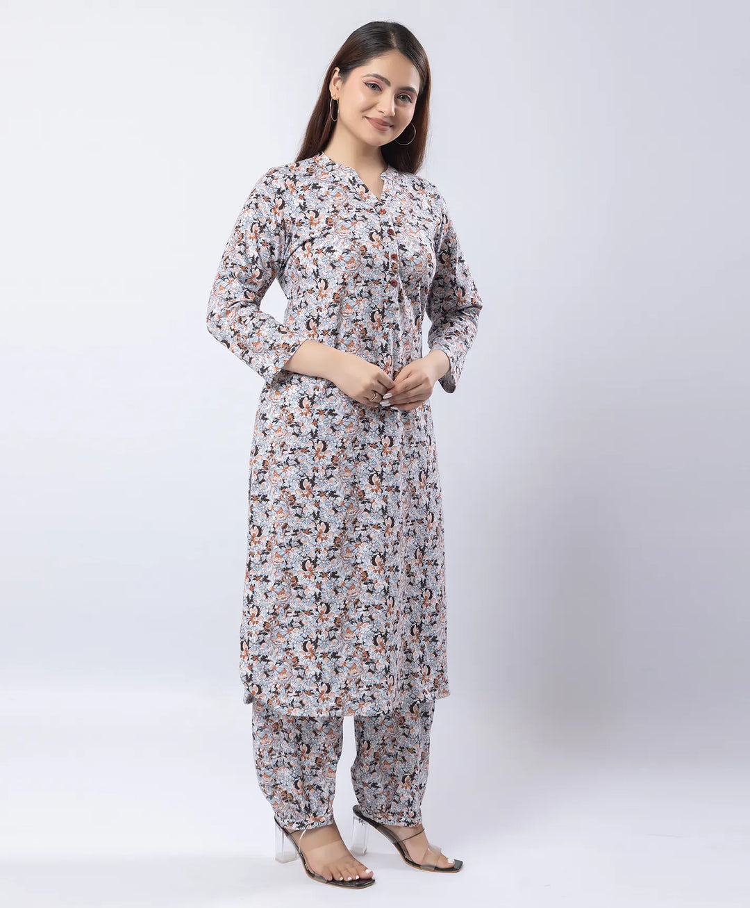 Mandarin Collar Quarter Sleeve Floral Kurti & Narrow Ankle Hem Afghani Suit
