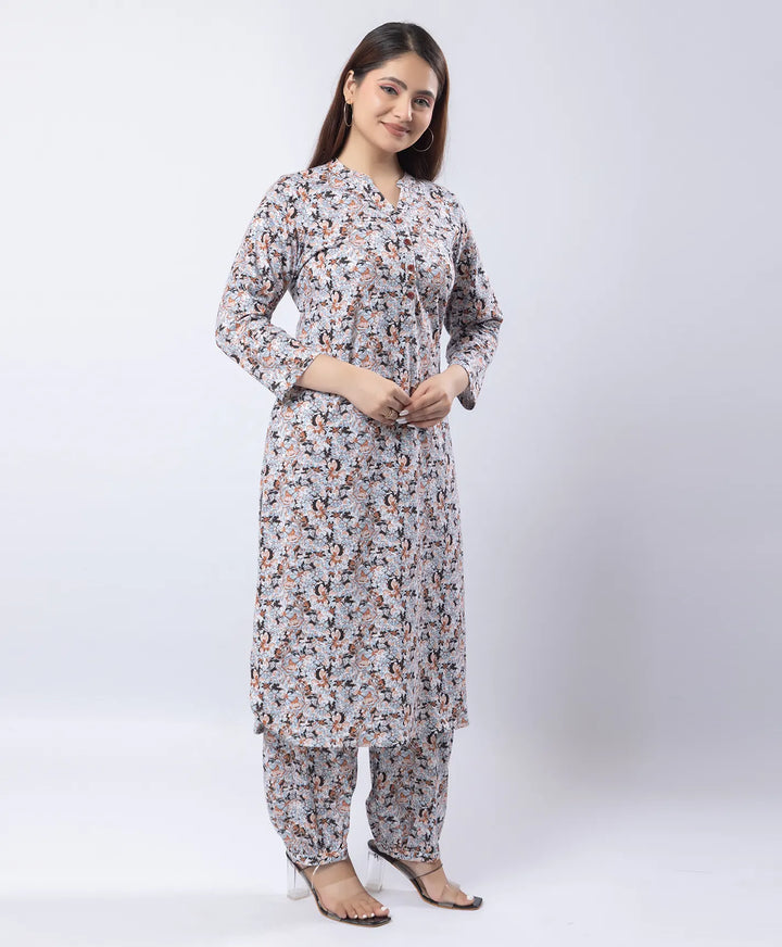 Mandarin Collar Quarter Sleeve Floral Kurti & Narrow Ankle Hem Afghani Suit