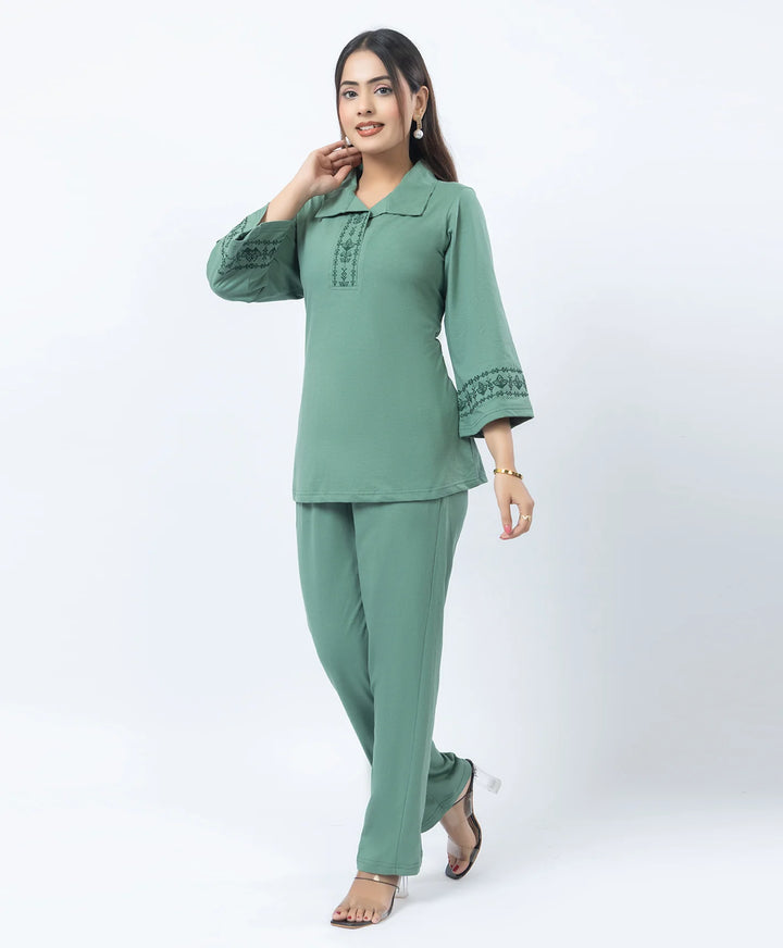 Straight Fit Collared Co-Ord Set with Embroidered Placket & Cuffs
