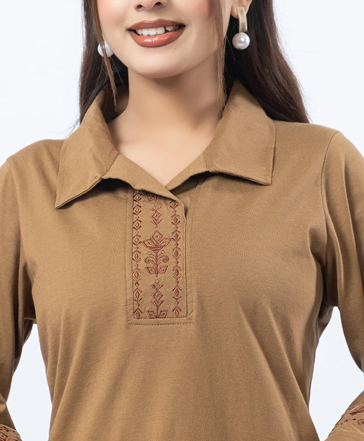 Straight Fit Collared Co-Ord Set with Embroidered Placket & Cuffs