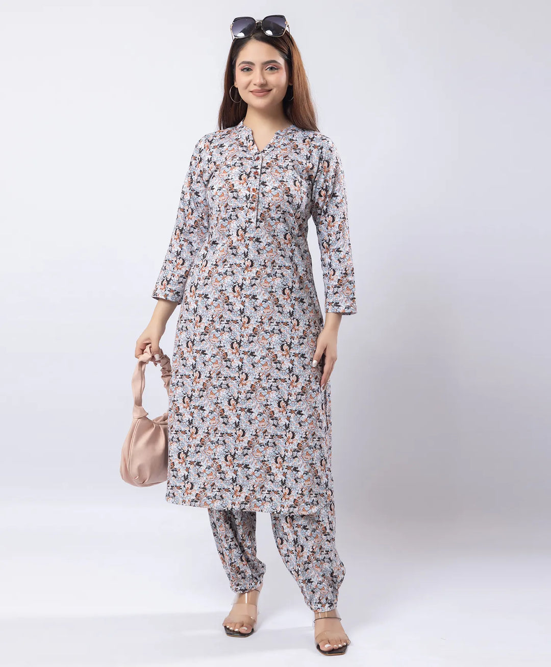 Mandarin Collar Quarter Sleeve Floral Kurti & Narrow Ankle Hem Afghani Suit