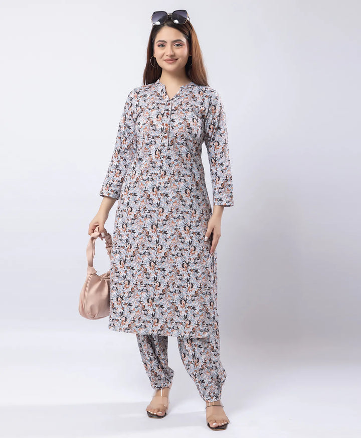 Mandarin Collar Quarter Sleeve Floral Kurti & Narrow Ankle Hem Afghani Suit