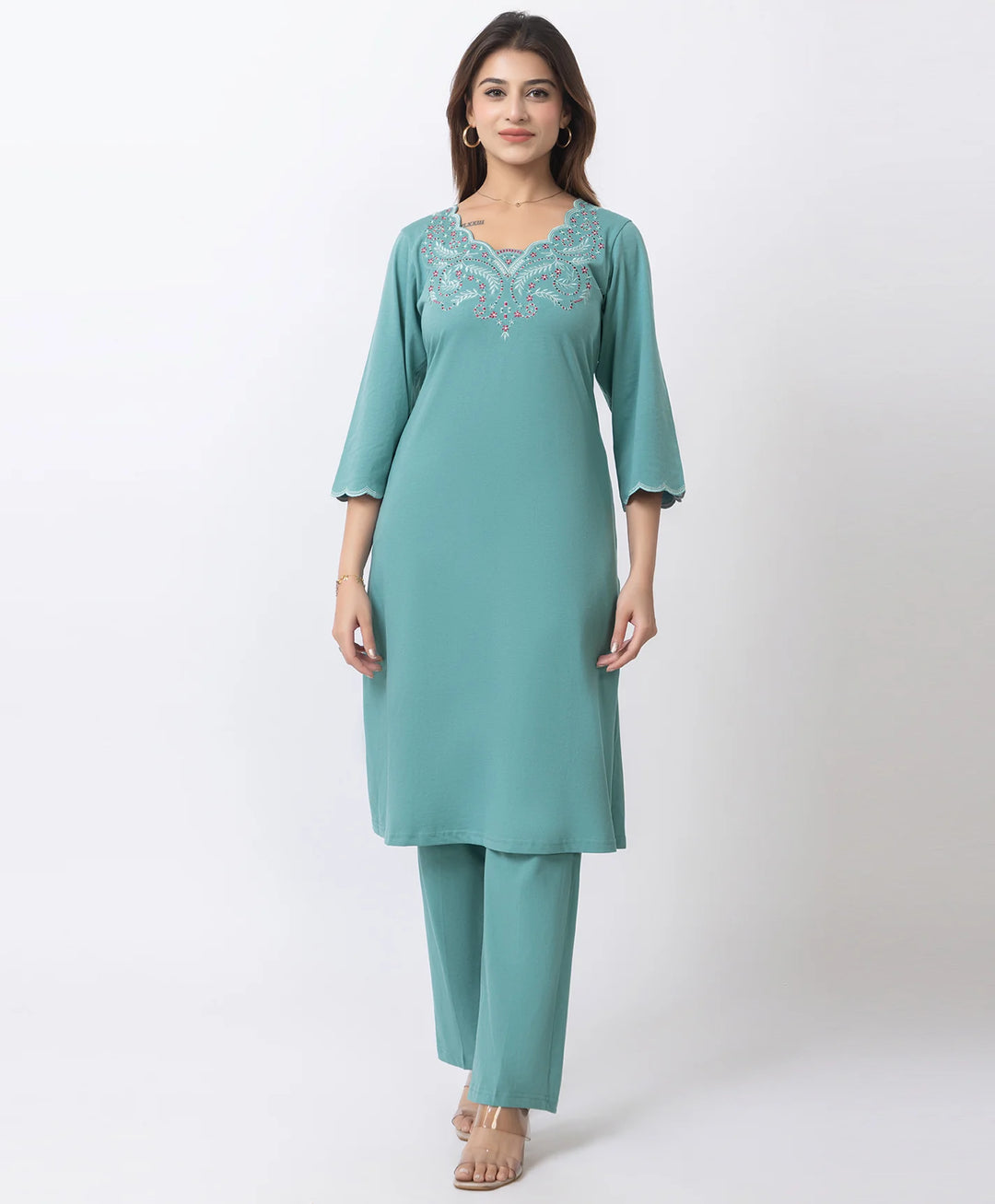 Graceful Long Kurta Set with Embroidered Neckline