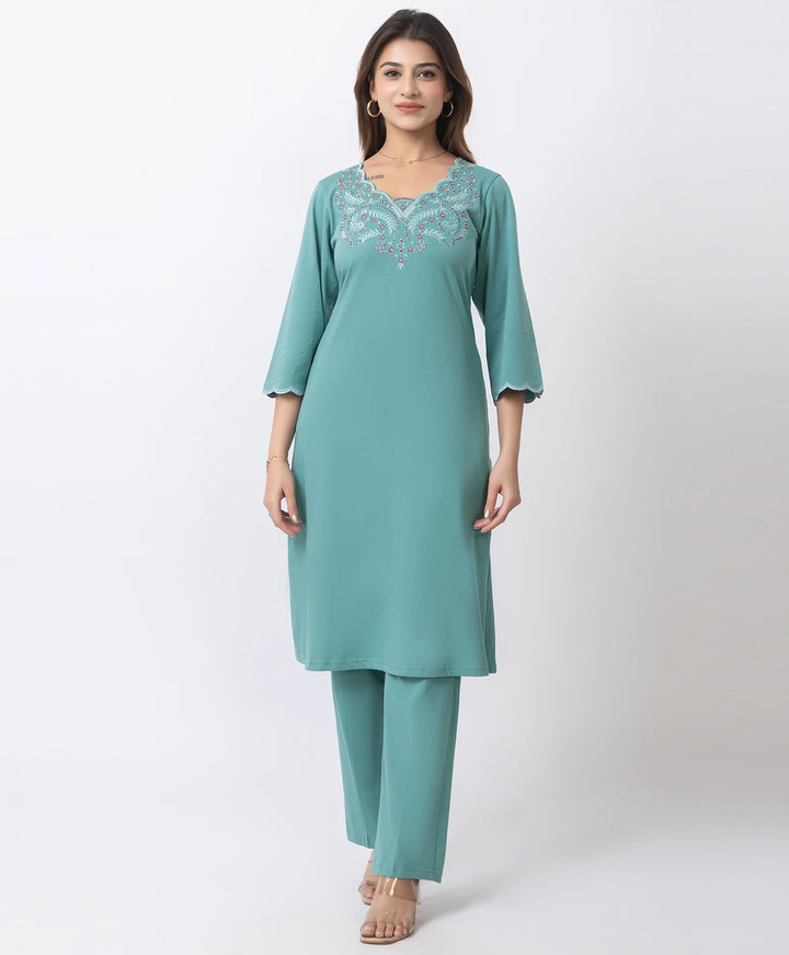 Graceful Long Kurta Set with Embroidered Neckline