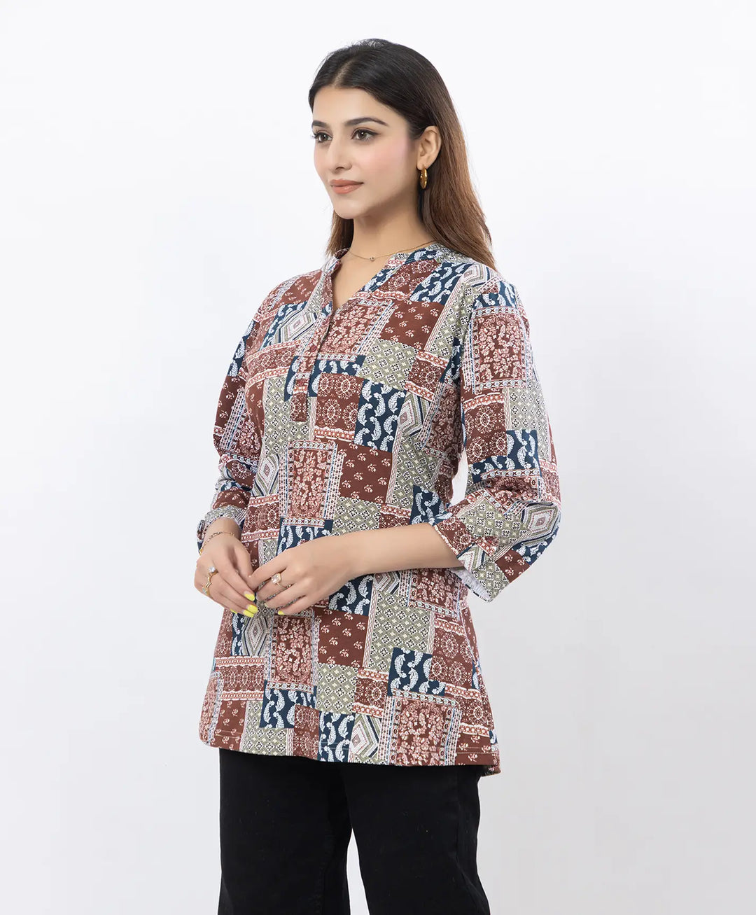 Printed Front-Placket Hip-Length Short Kurti