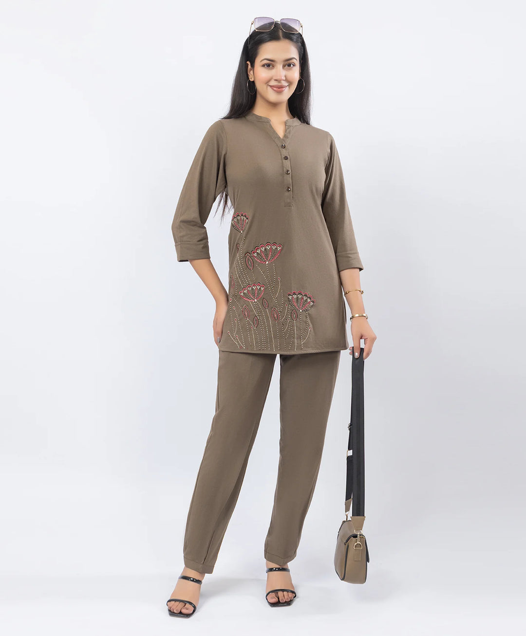 Premium Floral Embroidered Mandarin Collar Kurta Set