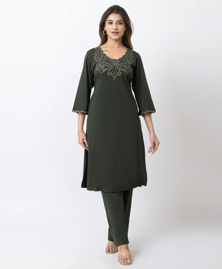 Graceful Long Kurta Set with Embroidered Neckline