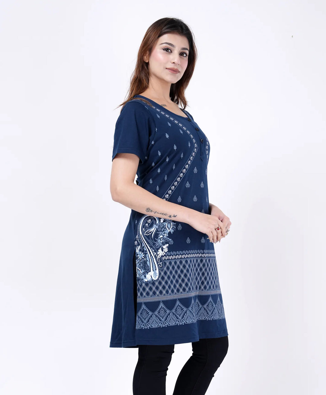 Elegant Printed Button-Neck Straight Long Top