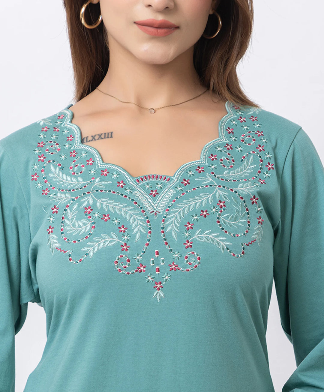 Graceful Long Kurta Set with Embroidered Neckline