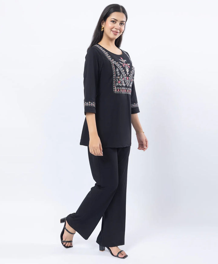 Premium Round Neck Embroidered Straight-Fit Co-Ord Set