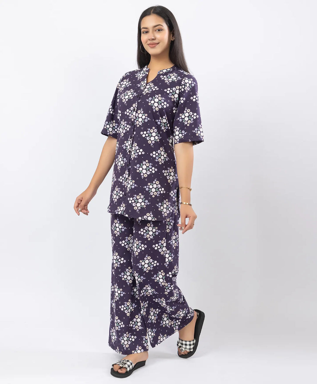 Front-Open Printed Wide-Leg Night Suit