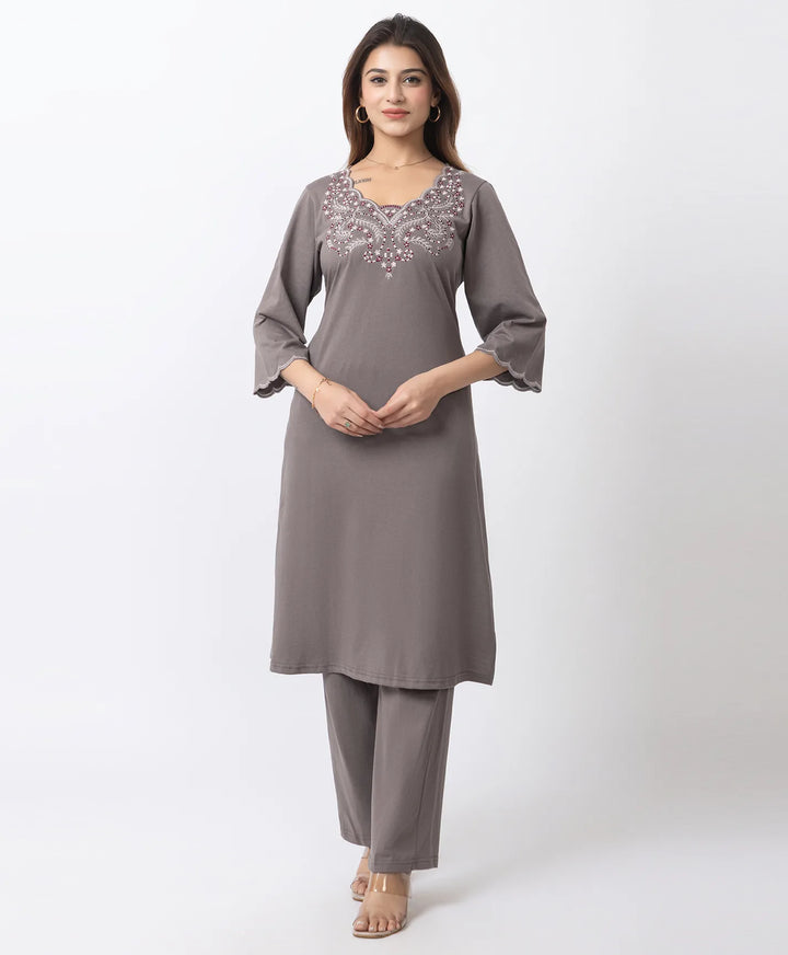 Graceful Long Kurta Set with Embroidered Neckline