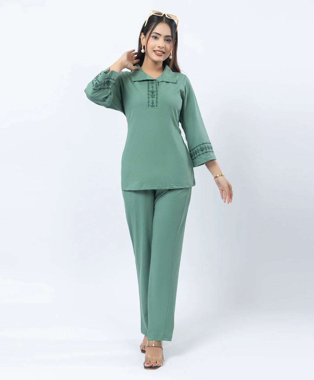 Straight Fit Collared Co-Ord Set with Embroidered Placket & Cuffs