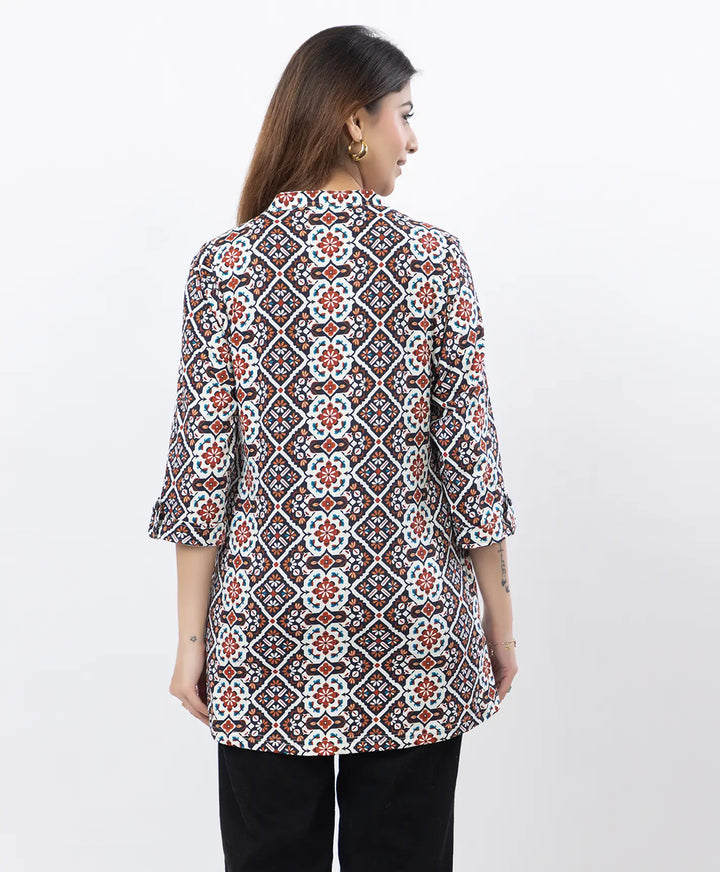 Printed Front-Placket Hip-Length Short Kurti