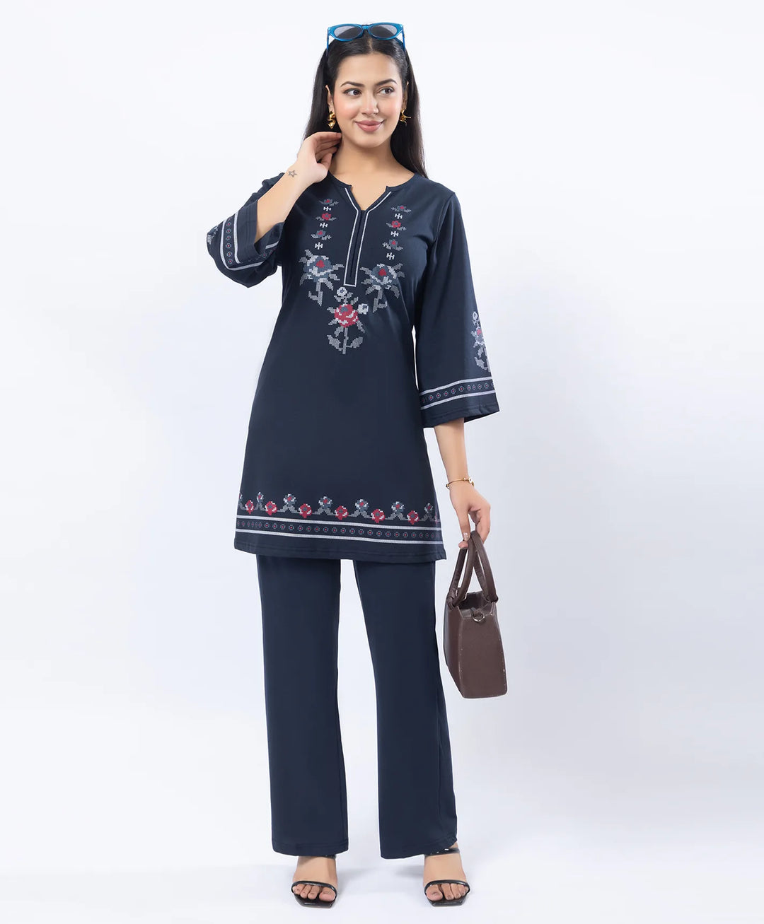 Floral Cross-Stitch Effect Pattern Printed Kurta Set