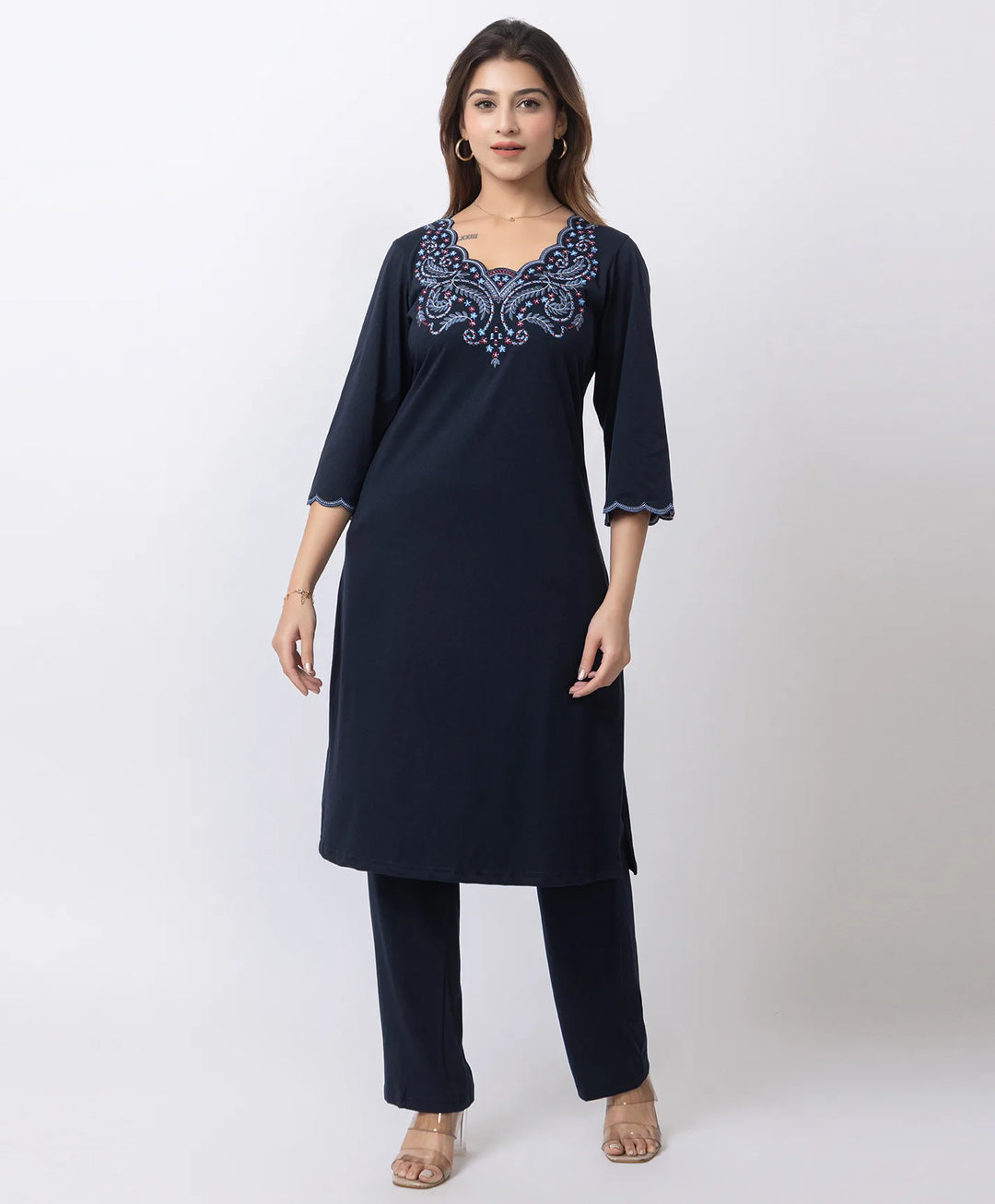 Graceful Long Kurta Set with Embroidered Neckline