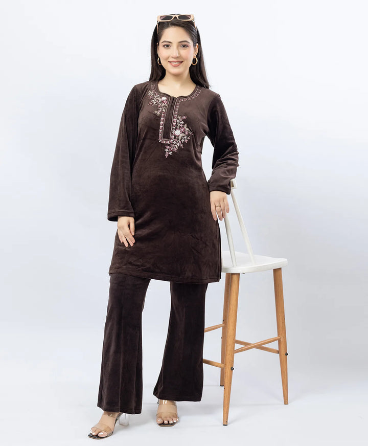 Round Neck Buttoned Kurta and Trouser Set with Embroidery & Pockets.