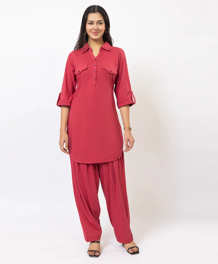 Collared Pathani Kurta with Relaxed Draped Salwar
