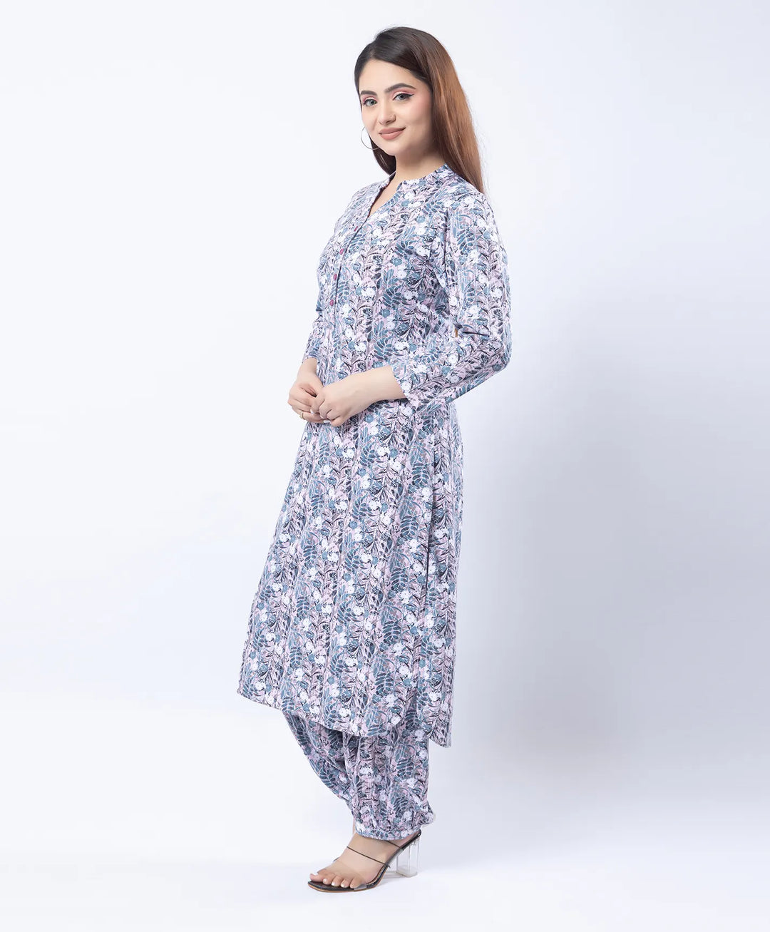 Mandarin Collar Quarter Sleeve Floral Kurti & Narrow Ankle Hem Afghani Suit