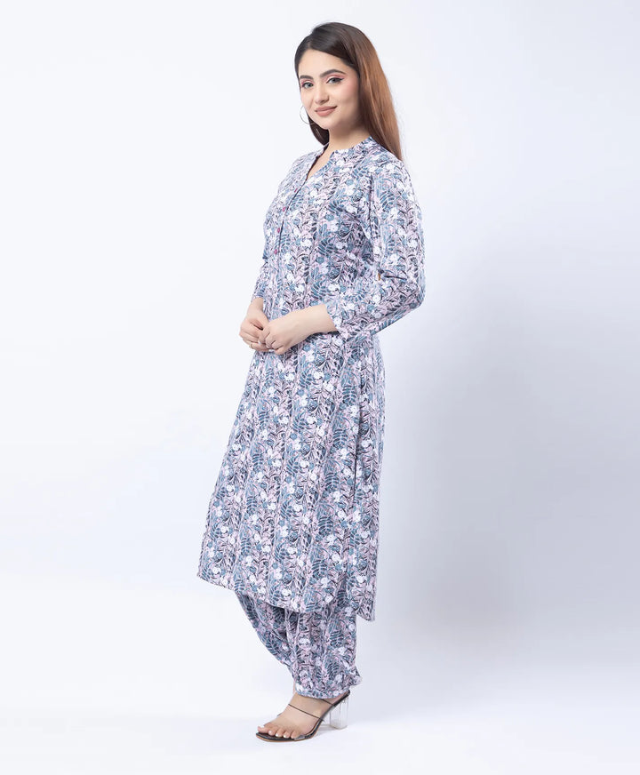 Mandarin Collar Quarter Sleeve Floral Kurti & Narrow Ankle Hem Afghani Suit