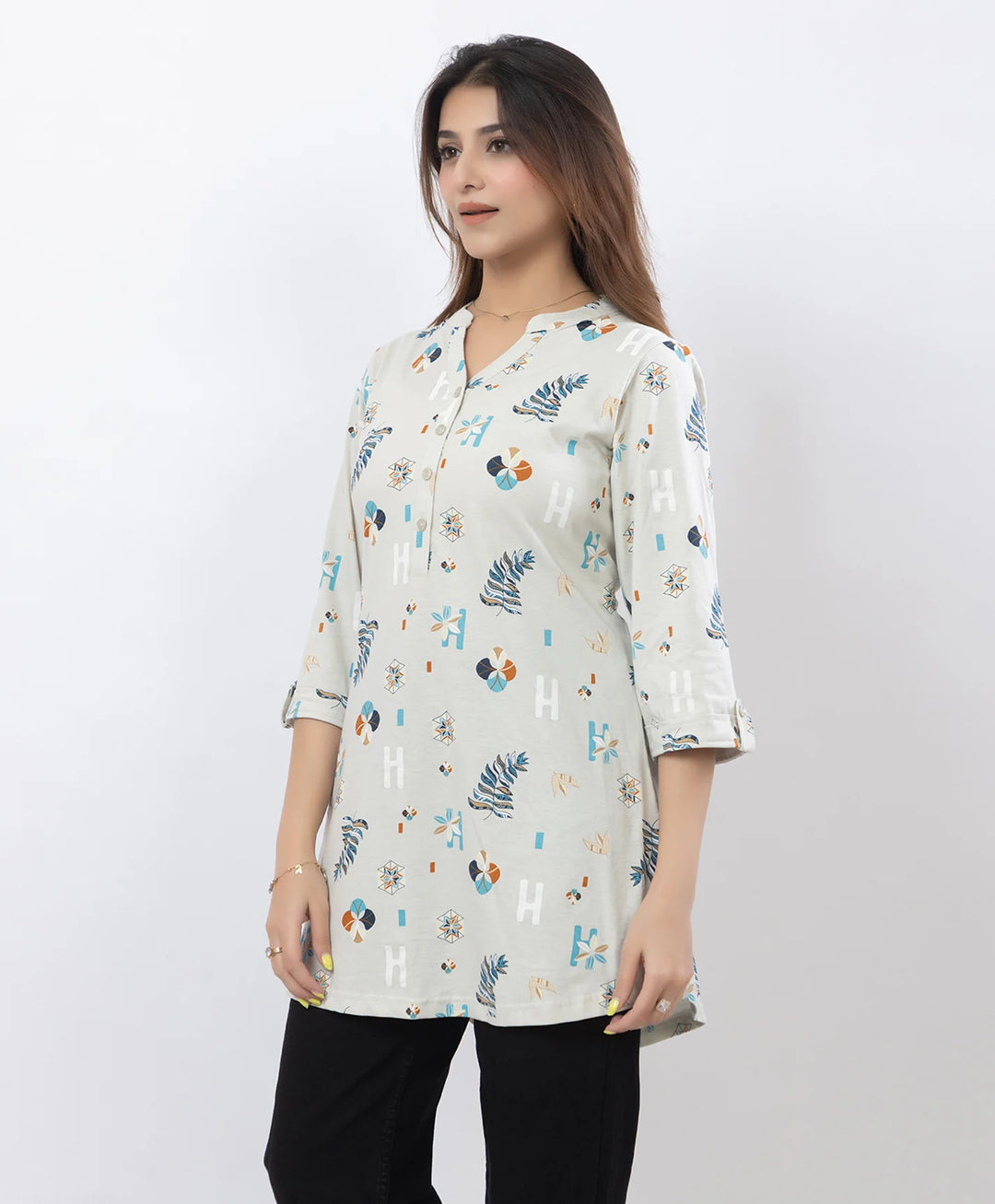 Floral Print Three-Quarter Sleeve Short Kurti