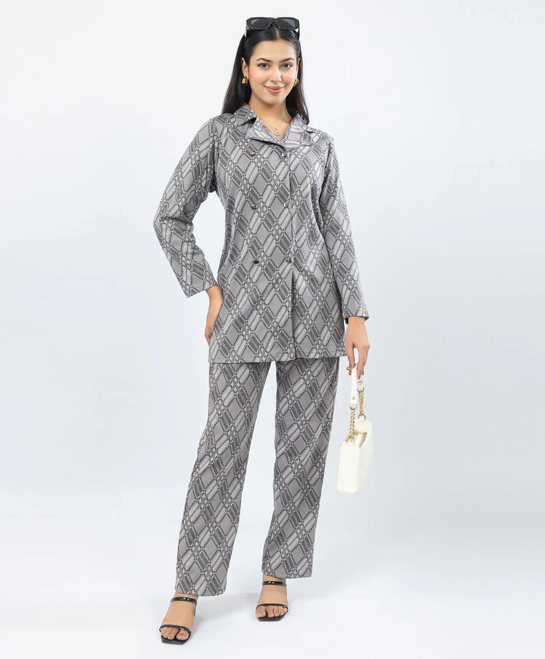 Checkered Co-Ord Set with Double-Button Front Placket & Straight Pants