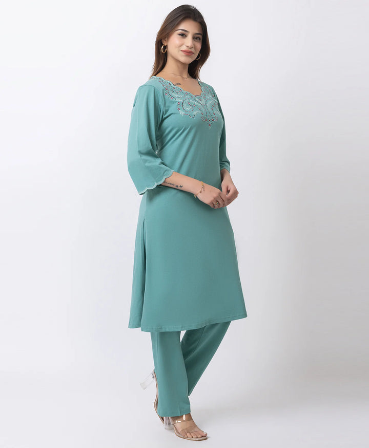 Graceful Long Kurta Set with Embroidered Neckline