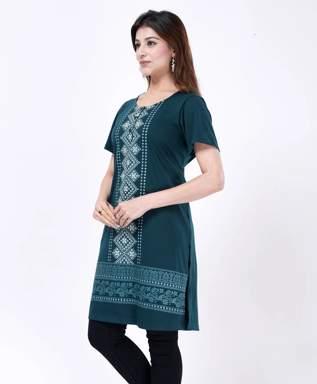 Elegant Printed Button-Neck Straight Long Top