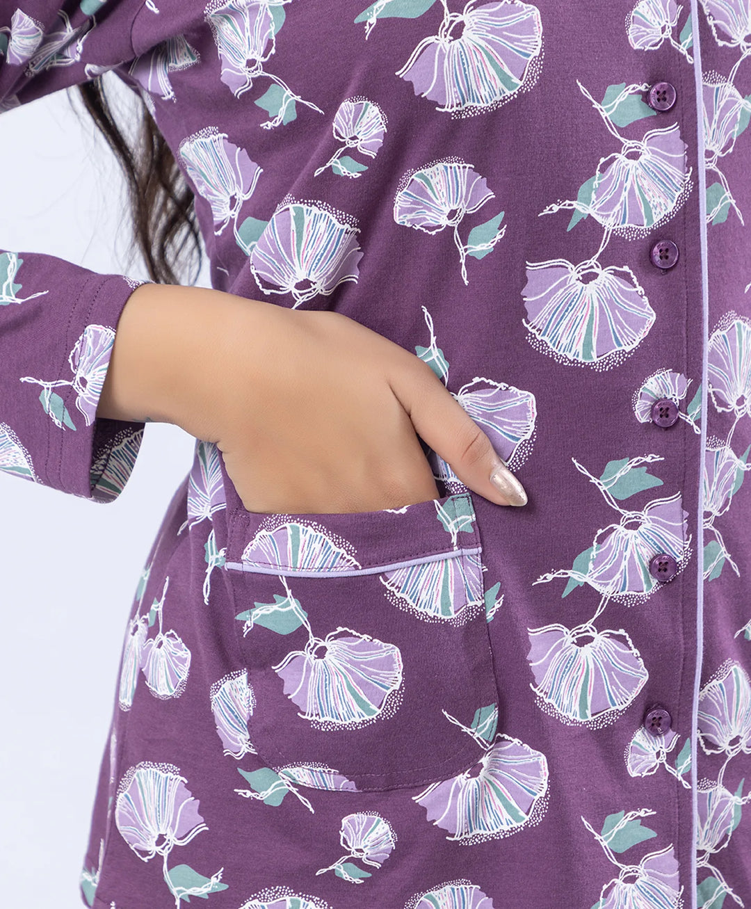 Printed Night Suit with Contrast Piping & Pockets