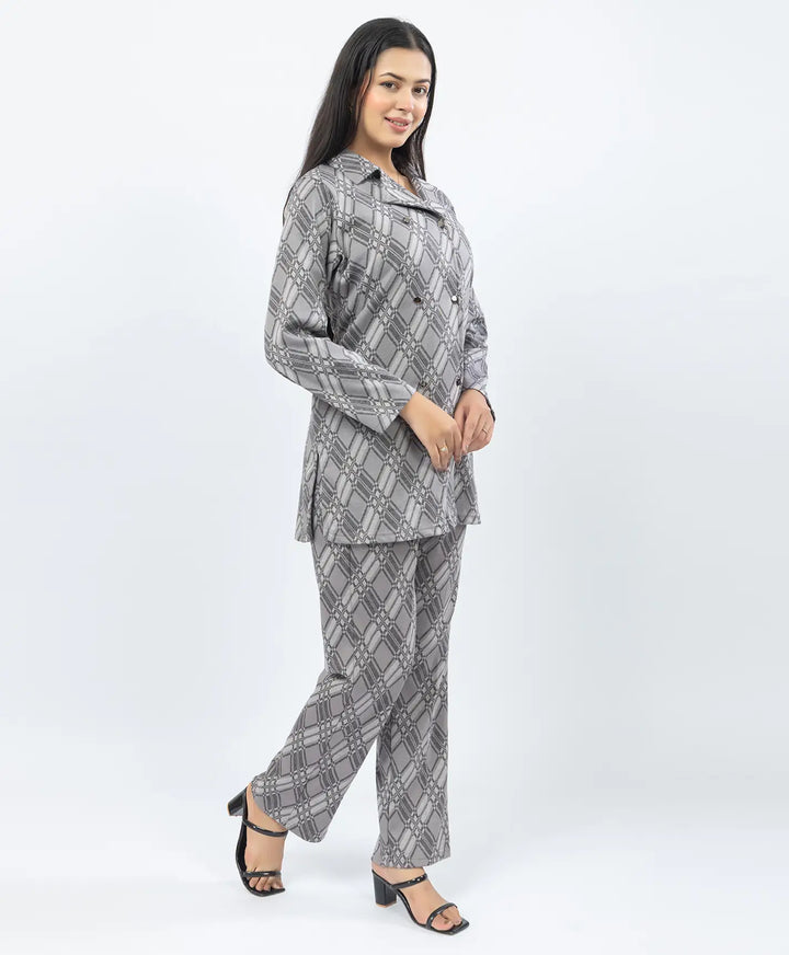 Checkered Co-Ord Set with Double-Button Front Placket & Straight Pants