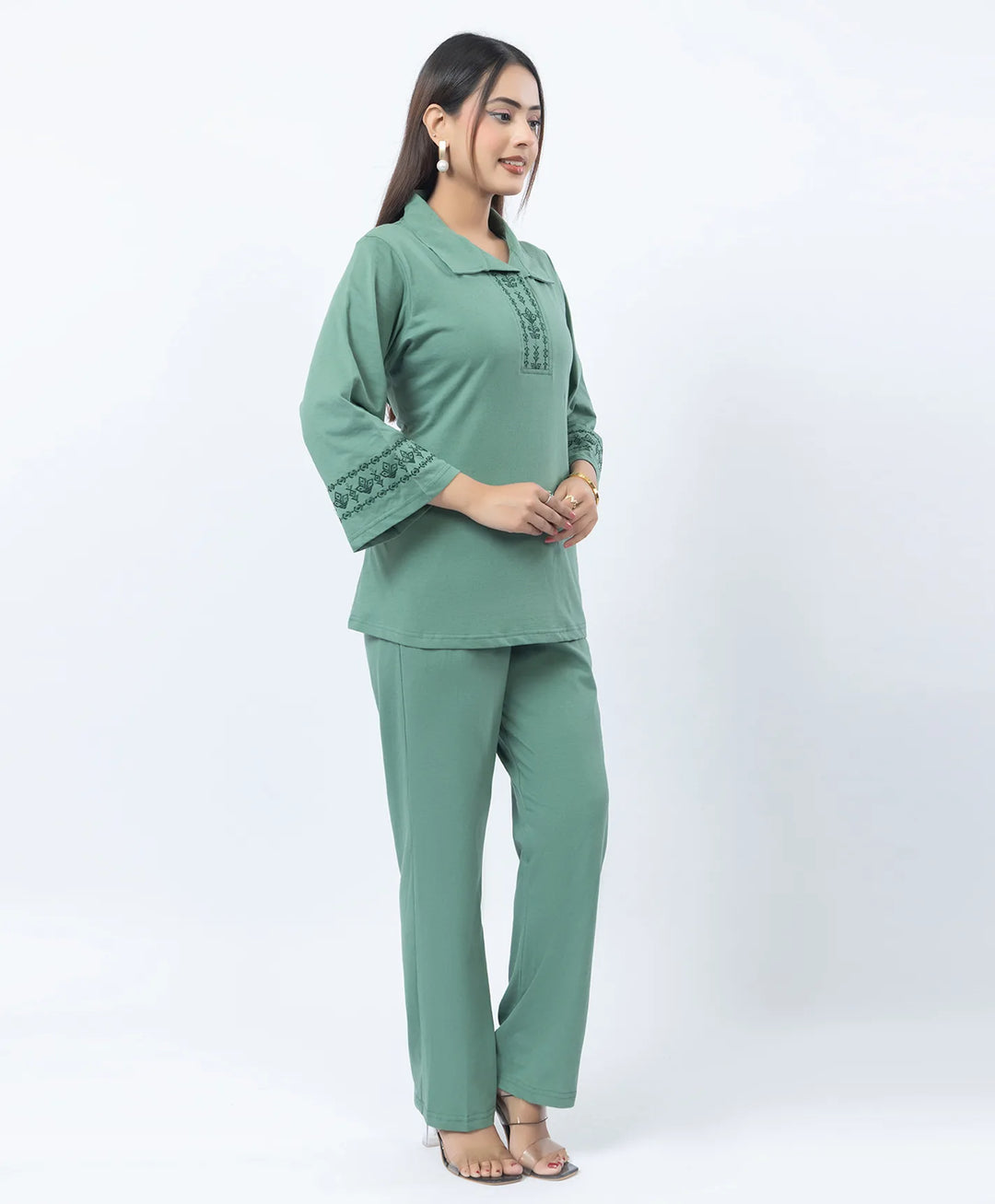 Straight Fit Collared Co-Ord Set with Embroidered Placket & Cuffs