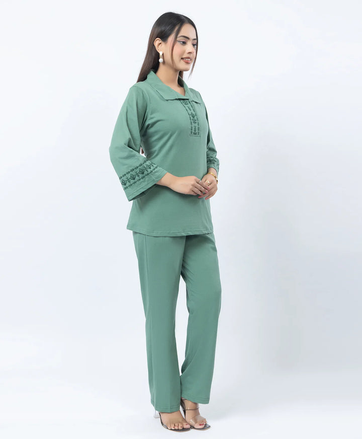 Straight Fit Collared Co-Ord Set with Embroidered Placket & Cuffs